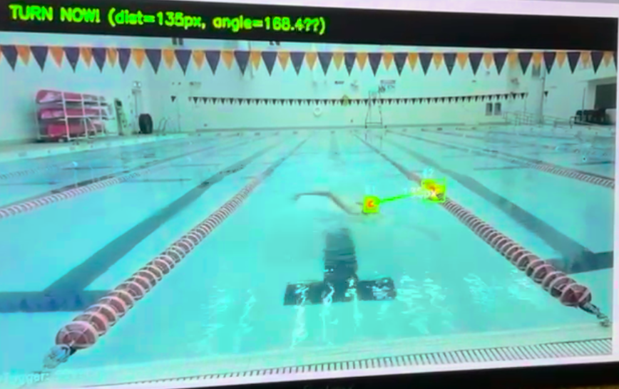 Camera perpective detecting swimmer's cap green beside the green lane marker